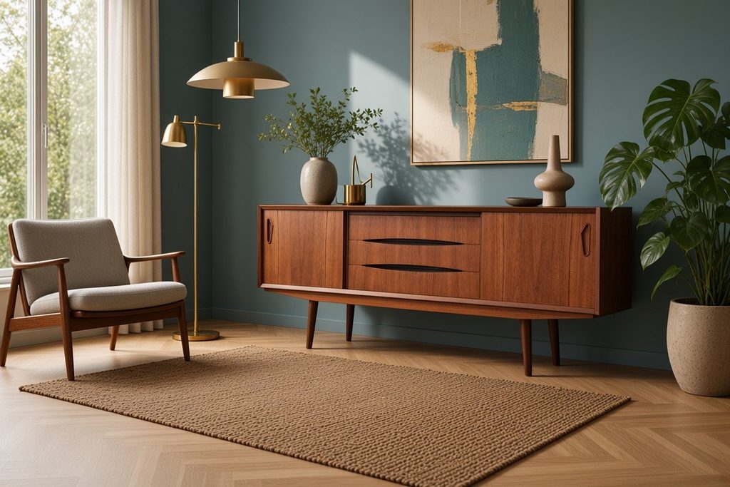 Danskt sideboard i teak med skjutluckor och snedställda ben. 165x43x73 cm