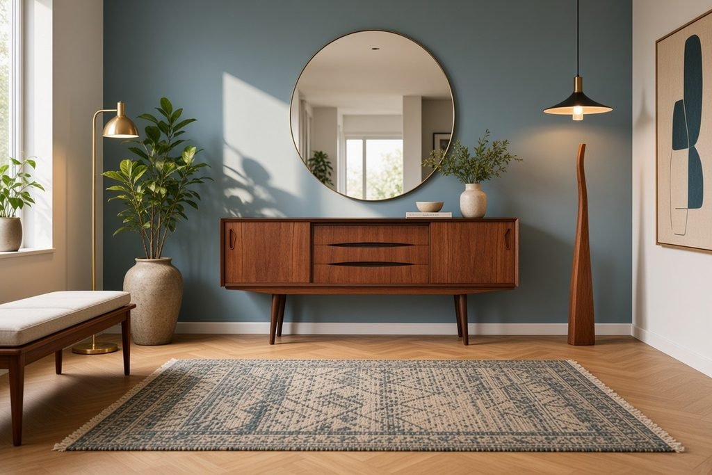 Danskt sideboard i teak med skjutluckor och snedställda ben. 165x43x73 cm