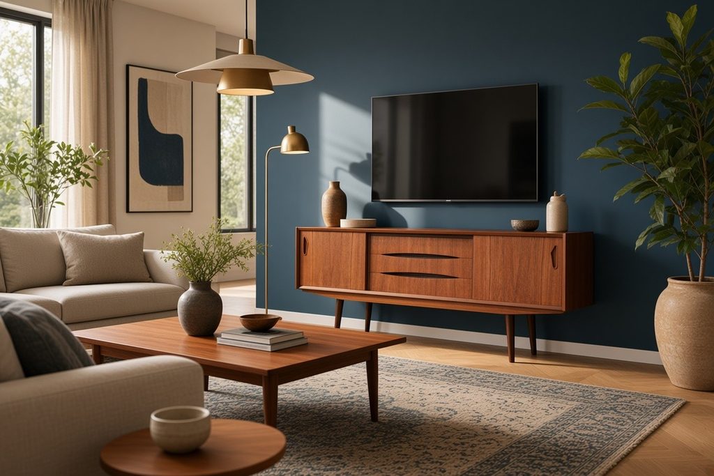 Danskt sideboard i teak med skjutluckor och snedställda ben. 165x43x73 cm