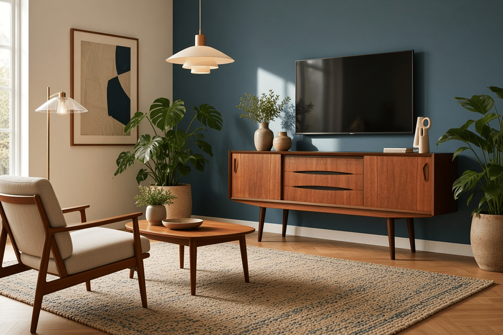 Danskt sideboard i teak med skjutluckor och snedställda ben. 165x43x73 cm