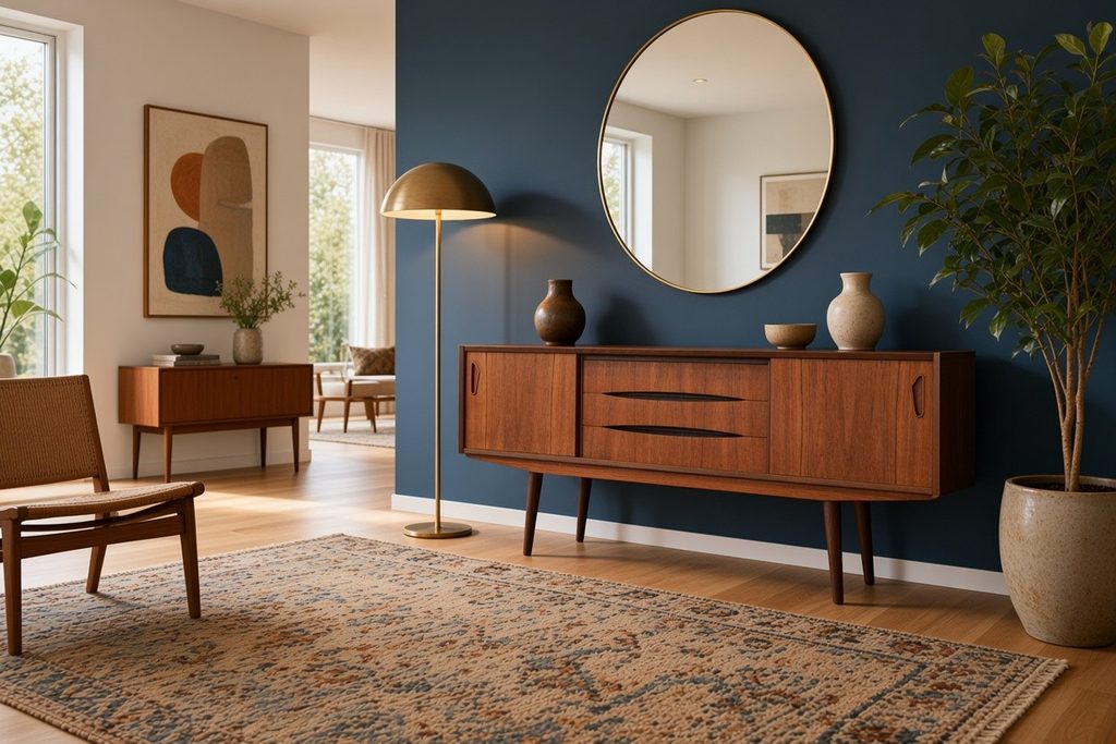 Danskt sideboard i teak med skjutluckor och snedställda ben. 165x43x73 cm