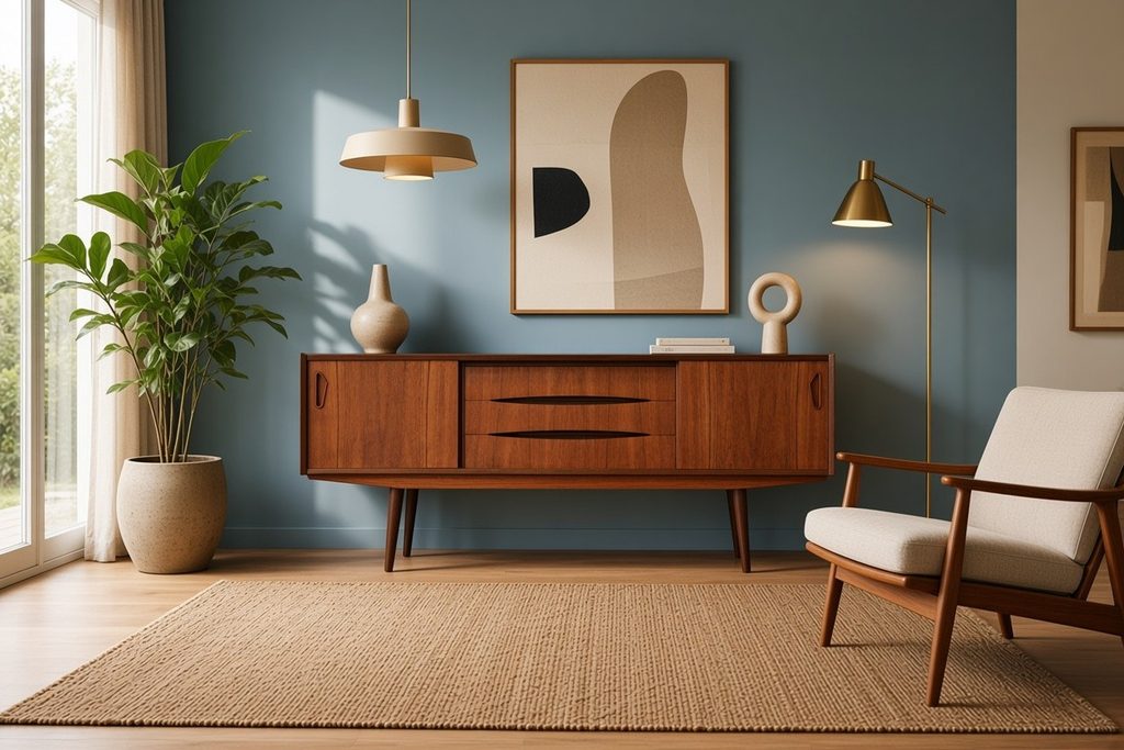 Danskt sideboard i teak med skjutluckor och snedställda ben. 165x43x73 cm
