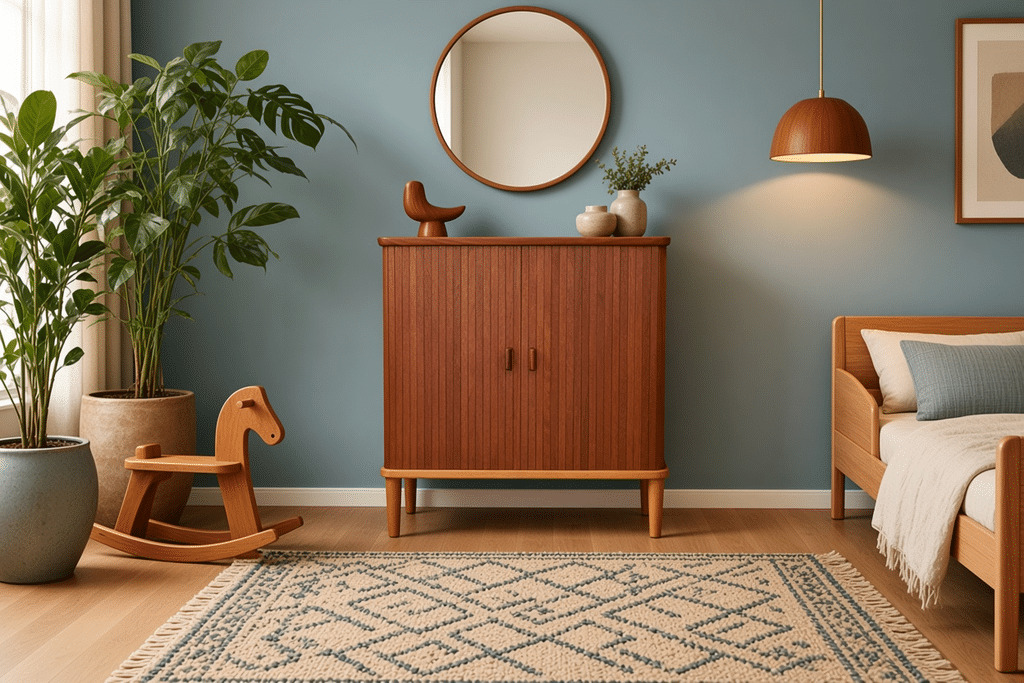 Danskt jalusiskåp i teak med ben i ek 1960-tal. 71x42x76 cm