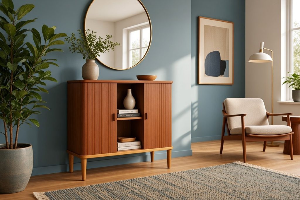 Danskt jalusiskåp i teak med ben i ek 1960-tal. 71x42x76 cm