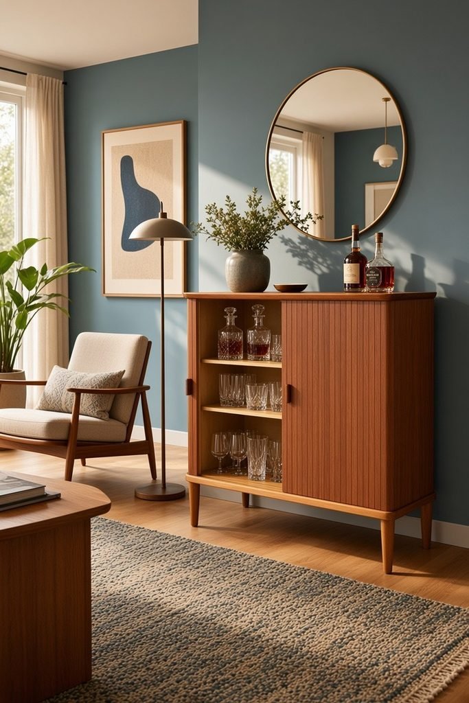 Danskt jalusiskåp i teak med ben i ek 1960-tal. 71x42x76 cm