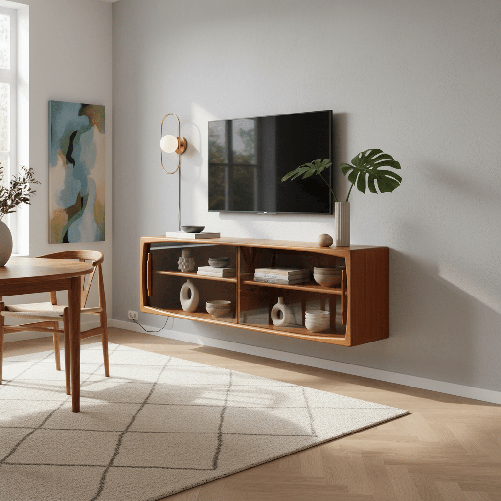 Vitrinskåp/vägghängt sideboard i teak HP Hansen Danmark. 160x32x50 cm