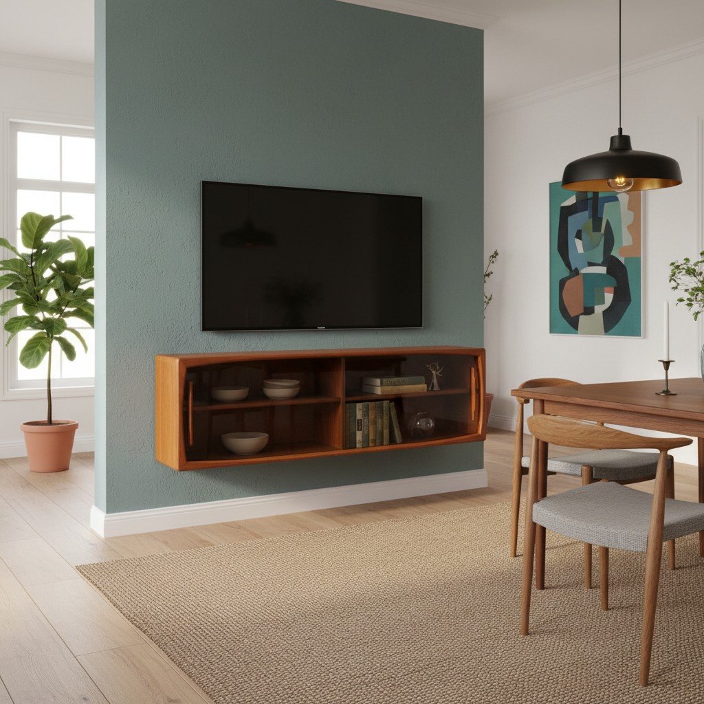 Vitrinskåp/vägghängt sideboard i teak HP Hansen Danmark. 160x32x50 cm