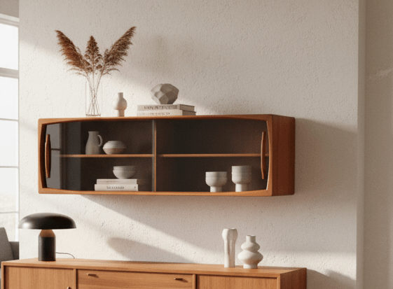 Vitrinskåp/vägghängt sideboard i teak HP Hansen Danmark. 160x32x50 cm