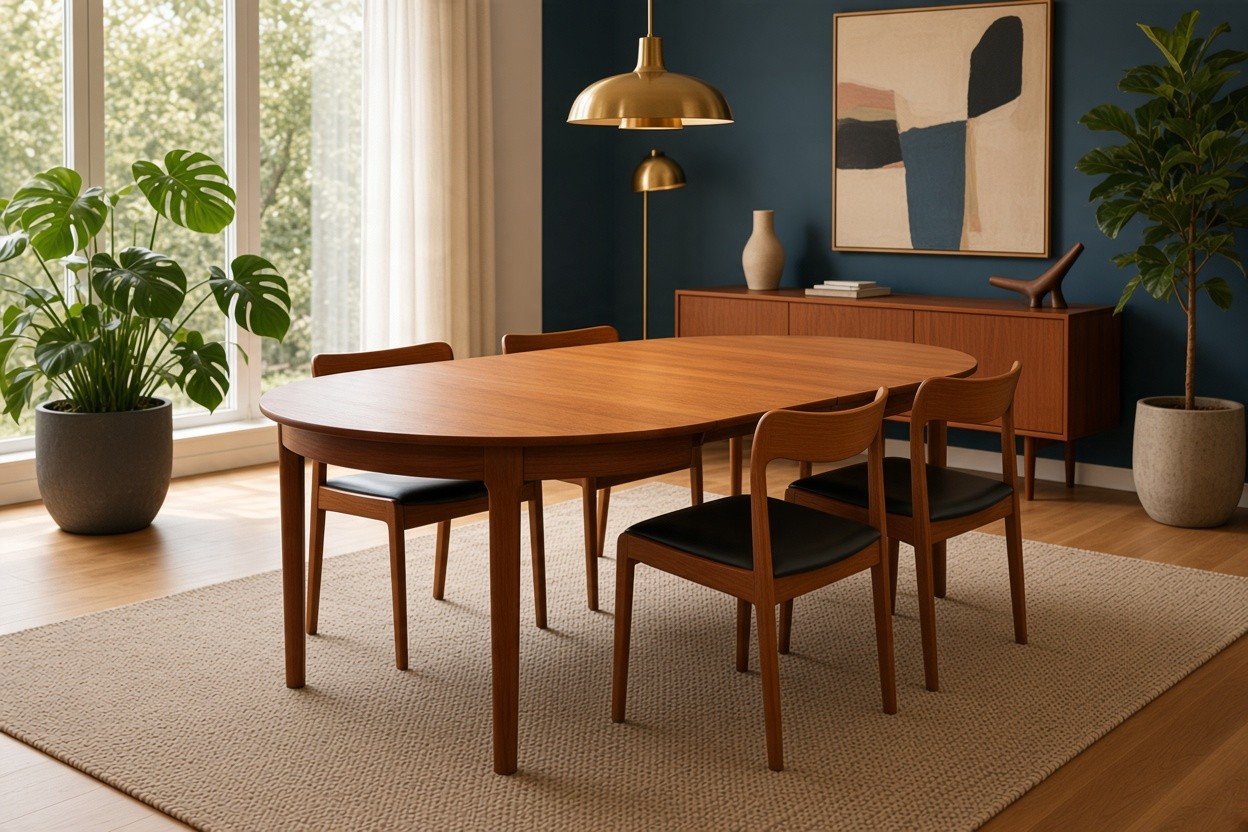 Runt matbord i teak med två iläggsskivor – 123–221 cm ø