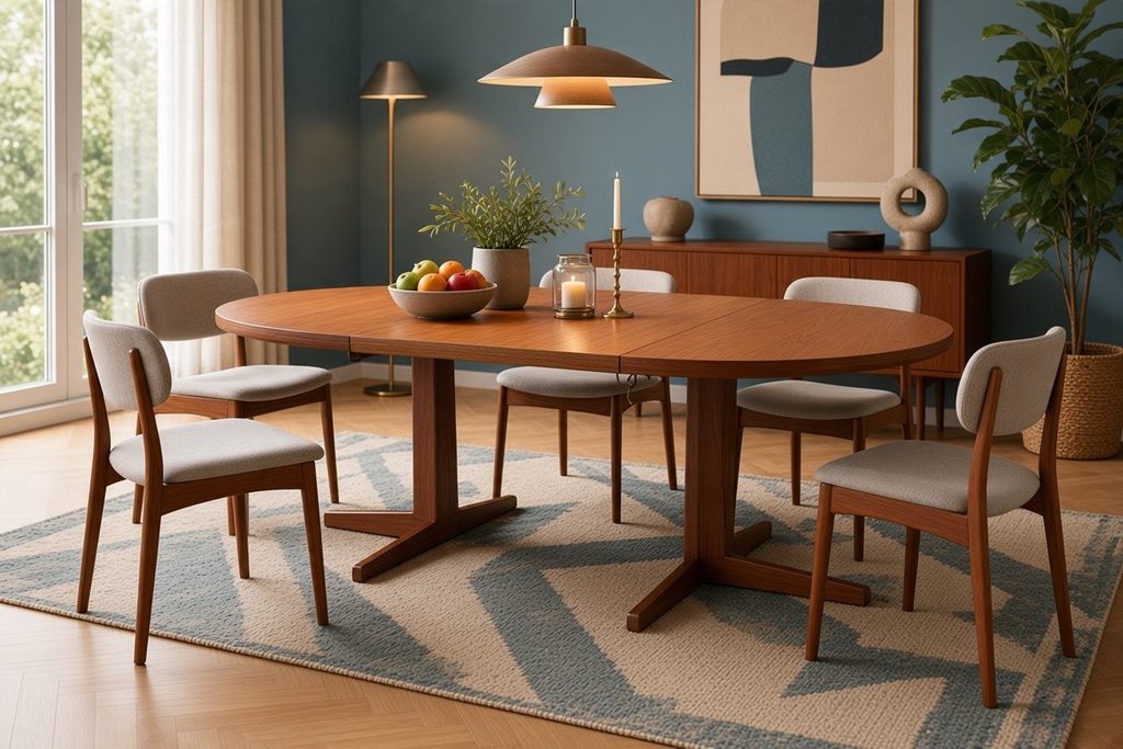 Danskt matbord i teak med pelarfot och iläggsskiva – Sigh & Sons Møbelfabrik