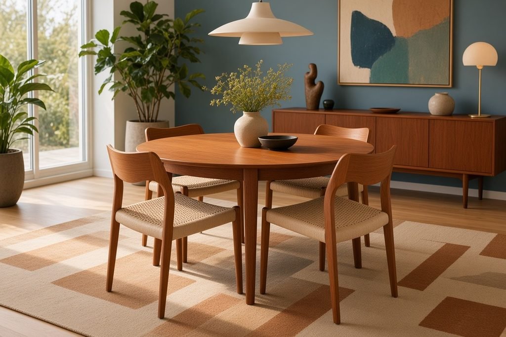 Henning Kjaernulf Sorø Danmark runt matbord i teak. 125 cm ø + 4×50 cm