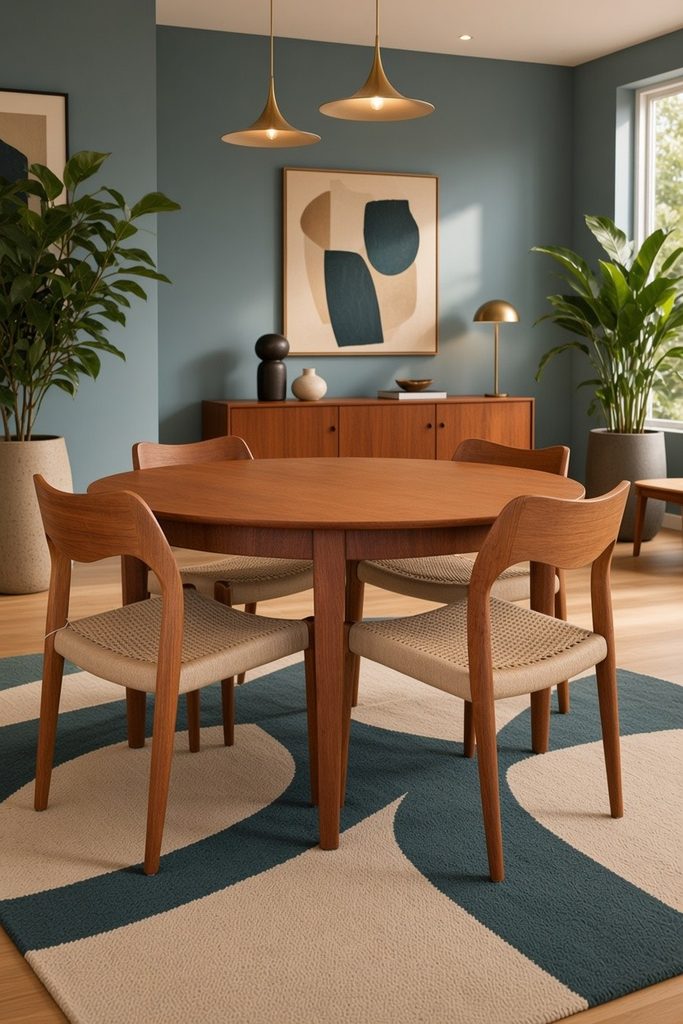Henning Kjaernulf Sorø Danmark runt matbord i teak. 125 cm ø + 4×50 cm
