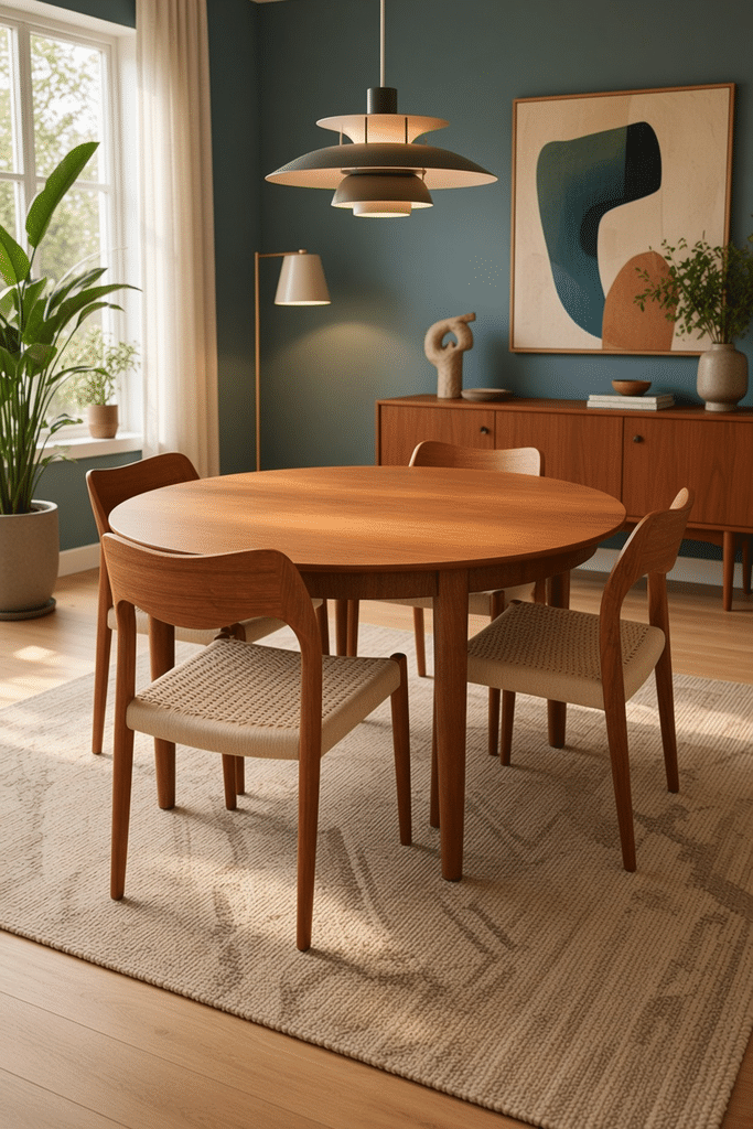 Henning Kjaernulf Sorø Danmark runt matbord i teak. 125 cm ø + 4×50 cm