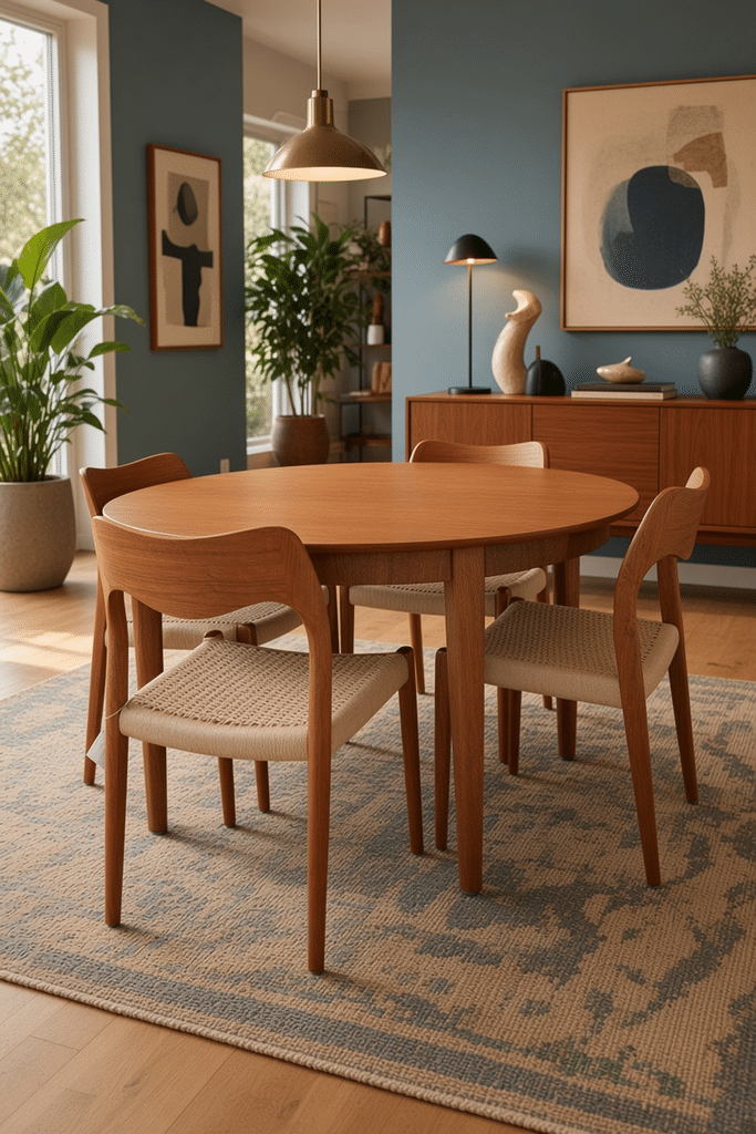 Henning Kjaernulf Sorø Danmark runt matbord i teak. 125 cm ø + 4×50 cm