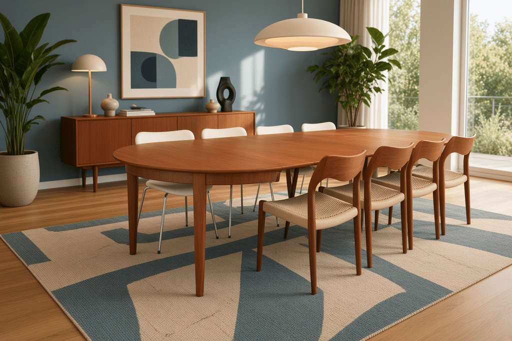 Henning Kjaernulf Sorø Danmark runt matbord i teak. 125 cm ø + 4×50 cm