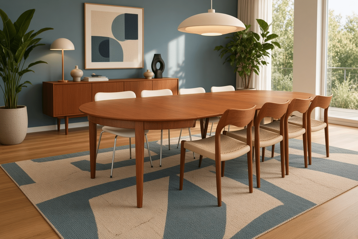 Henning Kjaernulf Sorø Danmark runt matbord i teak. 125 cm ø + 4×50 cm