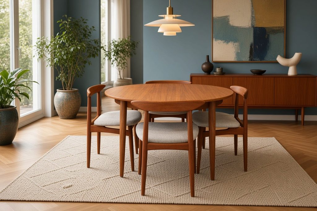 Danskt runt matbord i teak med två iläggsskivor 115 cm ø