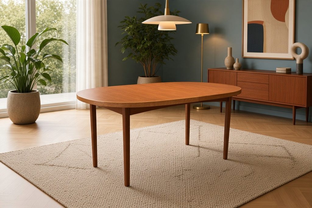 Ovalt matbord i teak och ek av Bertil Fridhagen, Bodafors