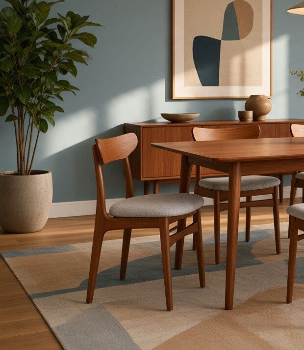 Danska matstolar i teak av Schiønning & Elgaard för Randers Møbelfabrik. 48 cm bred